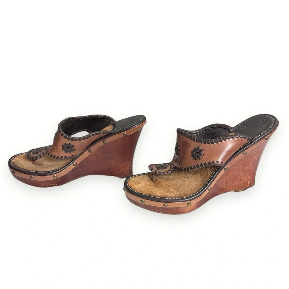 JACK ROGERS Marbella Wooden Wedge Whipstitched Leather Sandals